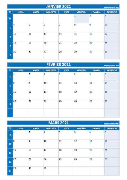 Calendrier pour le 1er trimestre 2021 : mois de janvier, février et mars 2021