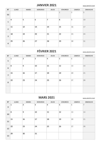 Calendrier pour le 1er trimestre 2021 : mois de janvier, février et mars 2021