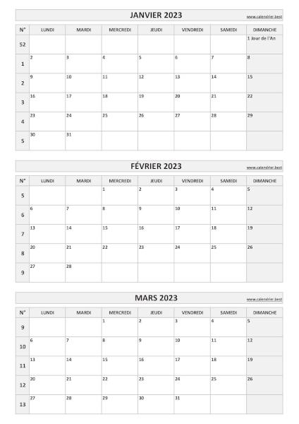 Calendrier pour le 1er trimestre 2023 : mois de janvier, février et mars 2023