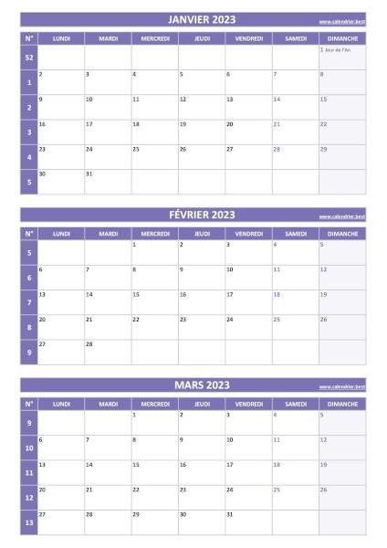 Calendrier pour le 1er trimestre 2023 : mois de janvier, février et mars 2023