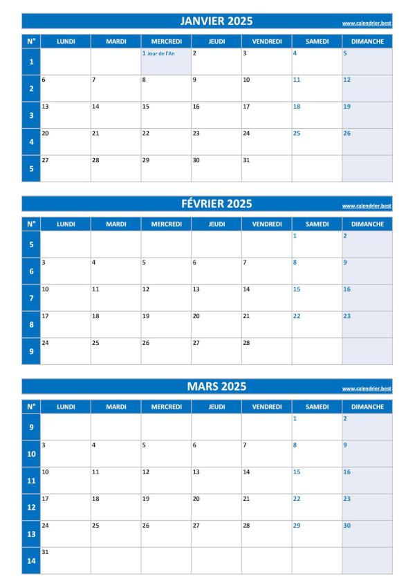 Calendrier pour le 1er trimestre 2025 : mois de janvier, février et mars 2025