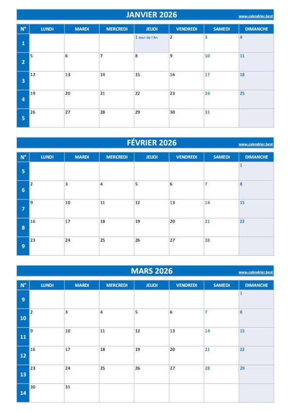 Calendrier pour le 1er trimestre 2026 : mois de janvier, février et mars 2026