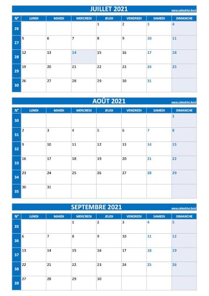 Calendrier pour le 3ème trimestre 2021 : mois de juillet, août et septembre 2021