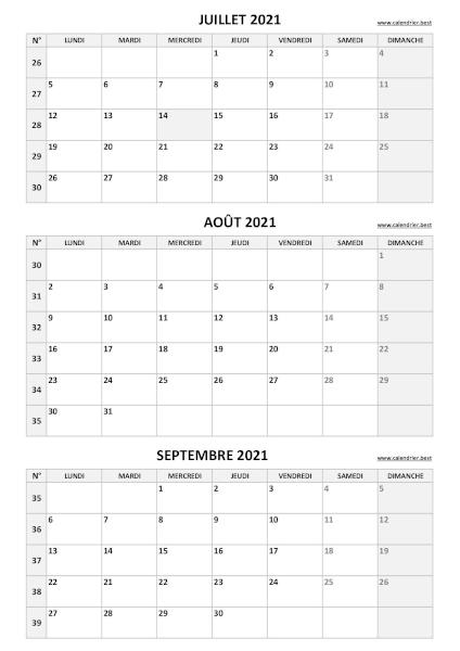 Calendrier pour le 3ème trimestre 2021 : mois de juillet, août et septembre 2021