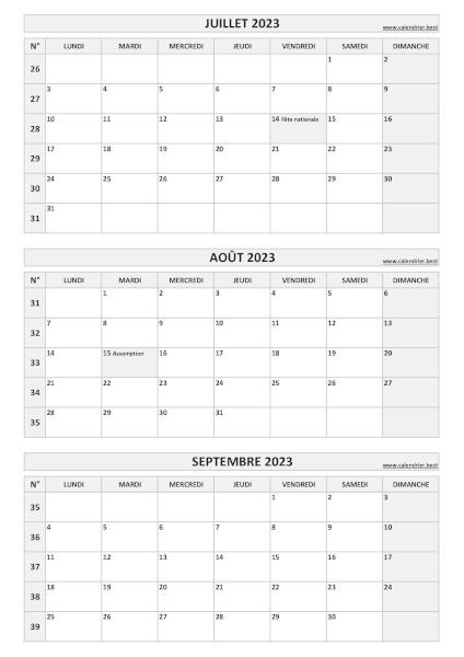 Calendrier pour le 3ème trimestre 2023 : mois de juillet, août et septembre 2023