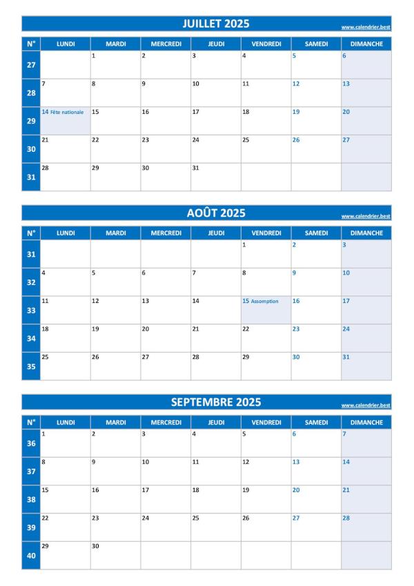 Calendrier pour le 3ème trimestre 2025 : mois de juillet, août et septembre 2025