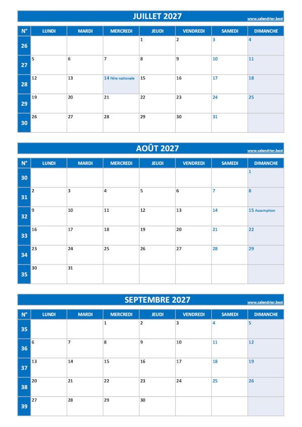Calendrier trimestriel pour les mois de juillet, août et septembre 2027 à télécharger en pdf et imprimer au format A4 portrait, template bleu. Calendrier pour le 3ème trimestre 2027 : mois de juillet, août et septembre 2027