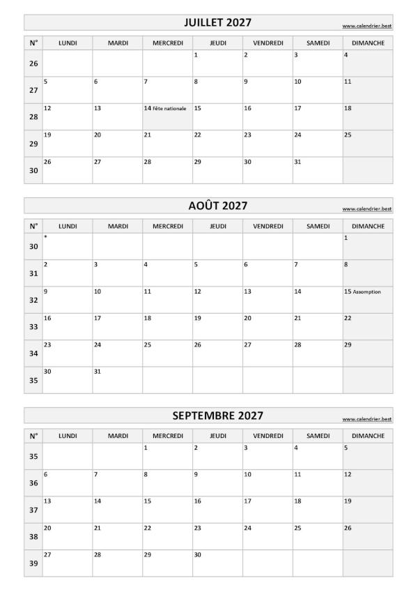 Calendrier trimestriel pour les mois de juillet, août et septembre 2027 à télécharger en pdf et imprimer au format A4 portrait, template gris. Calendrier pour le 3ème trimestre 2027 : mois de juillet, août et septembre 2027