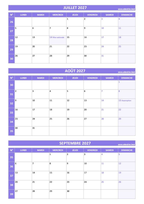 Calendrier trimestriel pour les mois de juillet, août et septembre 2027 à télécharger en pdf et imprimer au format A4 portrait, template violet. Calendrier pour le 3ème trimestre 2027 : mois de juillet, août et septembre 2027