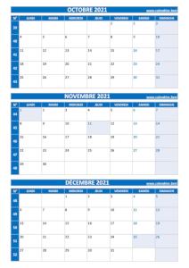 Calendrier pour le 4ème trimestre 2021 : mois d'octobre, novembre et décembre 2021