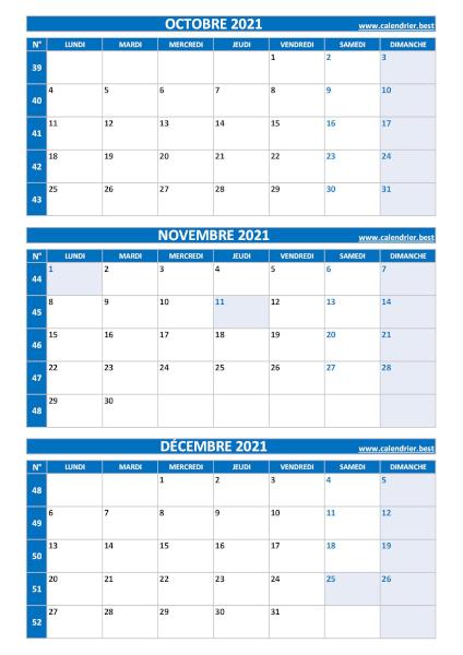 Calendrier pour le 4ème trimestre 2021 : mois d'octobre, novembre et décembre 2021