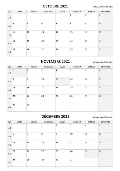 Calendrier pour le 4ème trimestre 2021 : mois d'octobre, novembre et décembre 2021