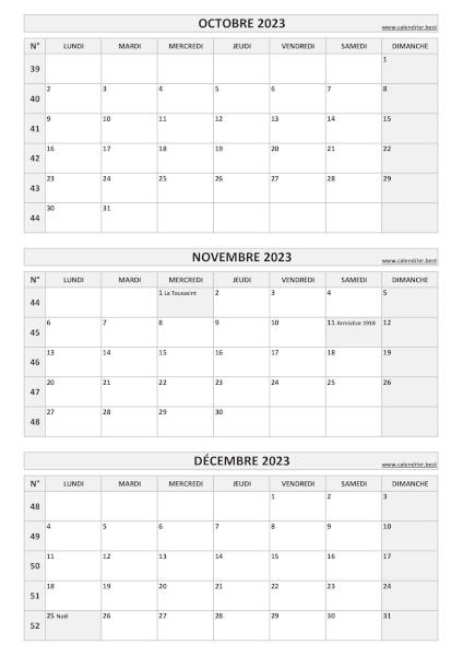 Calendrier pour le 4ème trimestre 2023 : mois d'octobre, novembre et décembre 2023