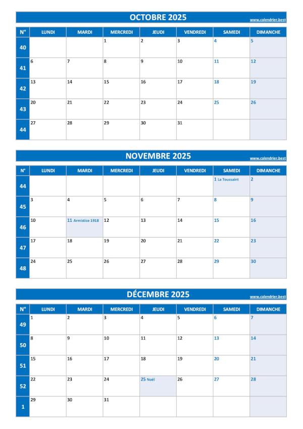 Calendrier trimestriel pour les mois d'octobre, novembre et décembre 2025 à télécharger en pdf et imprimer au format A4 paysage. Calendrier pour le 4ème trimestre 2025 : mois d'octobre, novembre et décembre 2025