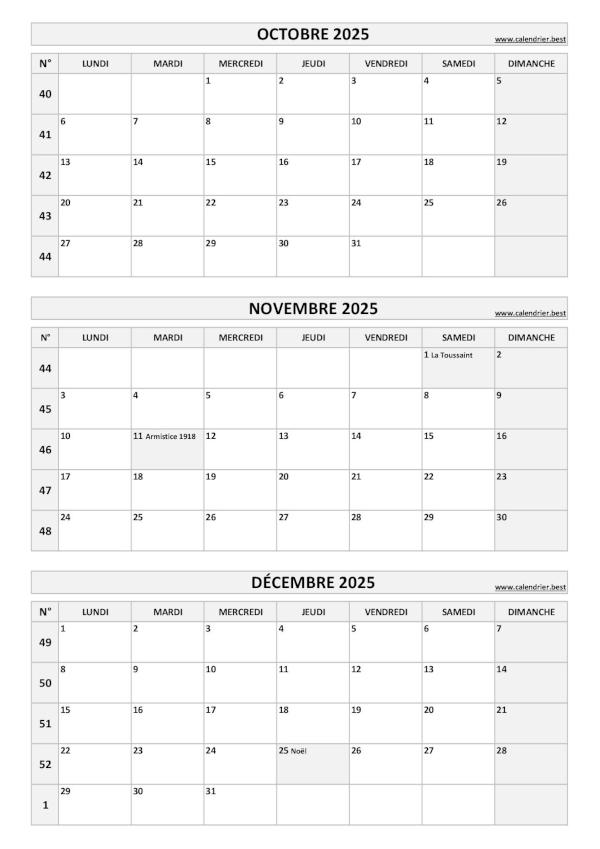 Calendrier pour le 4ème trimestre 2025 mois d'octobre, novembre et