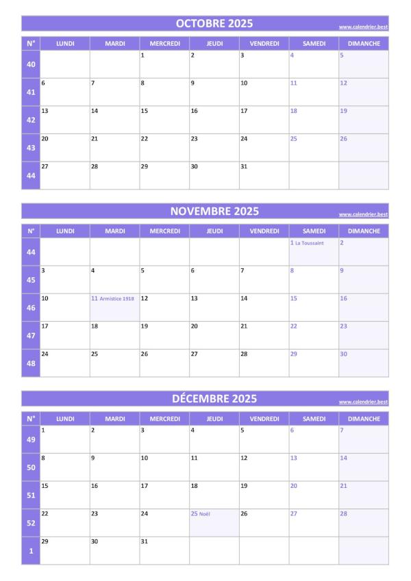 Calendrier trimestriel pour les mois d'octobre, novembre et décembre 2025 à télécharger en pdf et imprimer au format A4 portrait, template violet. Calendrier pour le 4ème trimestre 2025 : mois d'octobre, novembre et décembre 2025