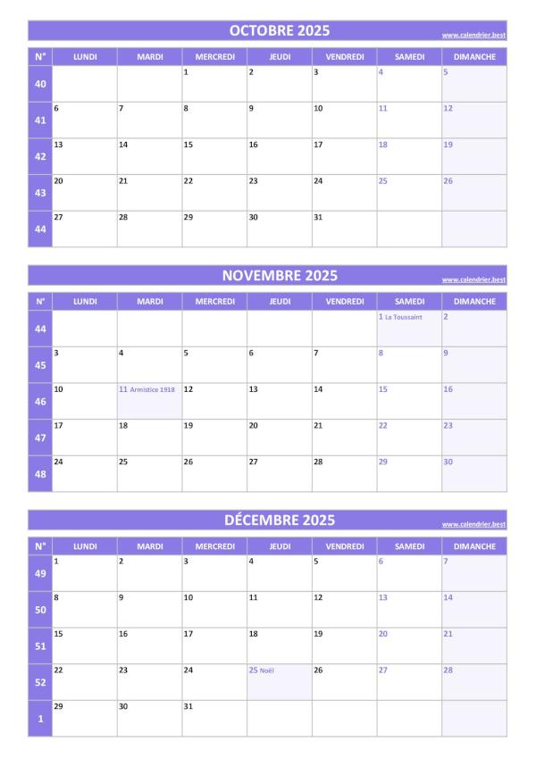 Calendrier pour le 4ème trimestre 2025 : mois d'octobre, novembre et décembre 2025