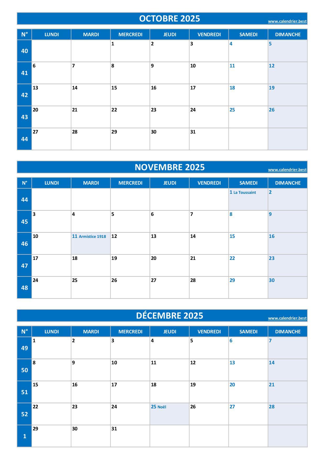 Calendrier pour le 4ème trimestre 2025 mois d