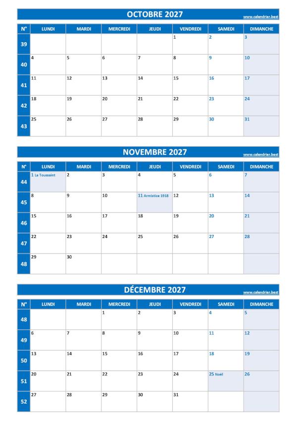 Calendrier trimestriel pour les mois d'octobre, novembre et décembre 2027 à télécharger en pdf et imprimer au format A4 portrait, template bleu. Calendrier pour le 4ème trimestre 2027 : mois d'octobre, novembre et décembre 2027