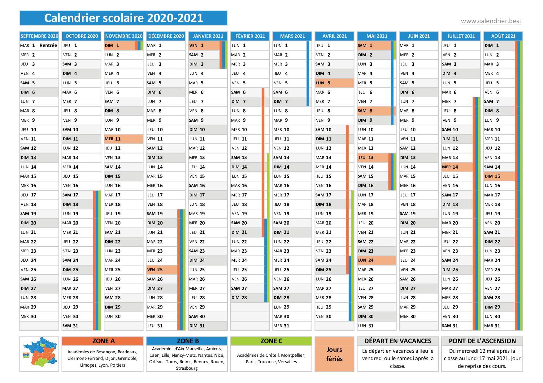 calendrier scolaire 2020 2021 jours fériés