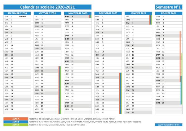 Calendrier scolaire 2020-2021 à imprimer - Semestre N°1