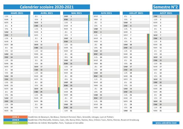 Calendrier scolaire 2020-2021 à imprimer - Semestre N°2