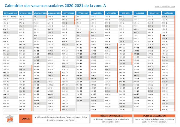 Calendrier scolaire 2020-2021 de la zone A à imprimer