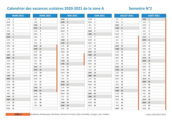 Calendrier scolaire 2020-2021 de la zone A à imprimer - Semestre N°2