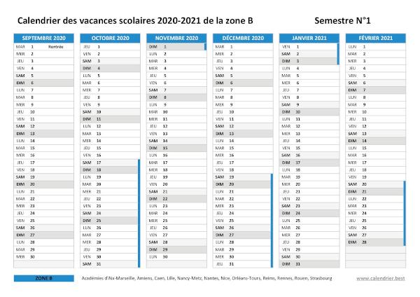 Calendrier scolaire 2020-2021 de la zone B à imprimer - Semestre N°1