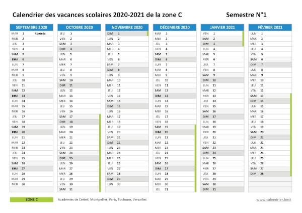 Calendrier scolaire 2020-2021 de la zone C à imprimer - Semestre N°1