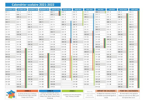 calendrier scolaire 2021-2022 avec les dates des vacances pour les zones A, B et C à imprimer