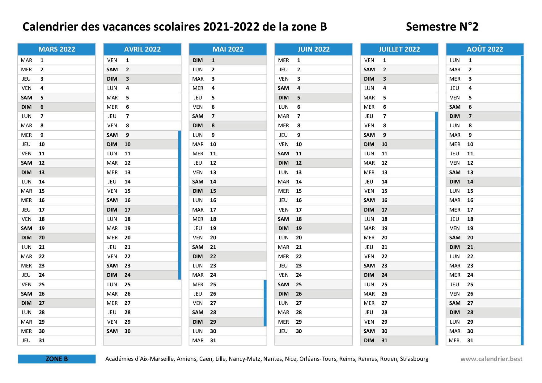 Calendrier Scolaire 2022 2023 Zone B Vacances scolaires zone B   Calendrier scolaire 2020 2021 et 2021 2022