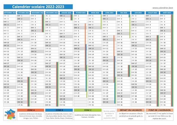 Calendrier 2023 avec vacances scolaires et jours fériés à imprimer