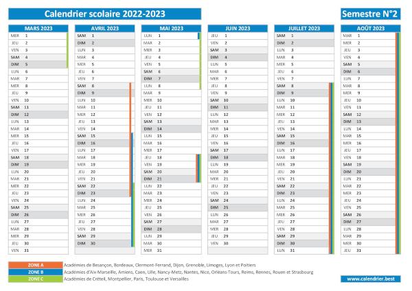 Calendrier scolaire 2022-2023 à imprimer - Semestre N°2