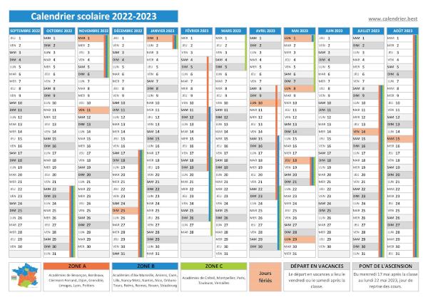 Calendrier scolaire 2022-2023 avec jours fériés à imprimer