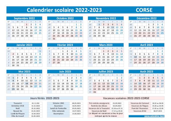 Calendrier avec vacances scolaires 2020-2021 Corse