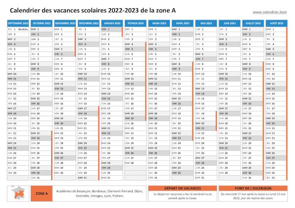 Calendrier scolaire 2022-2023 de la zone A à imprimer