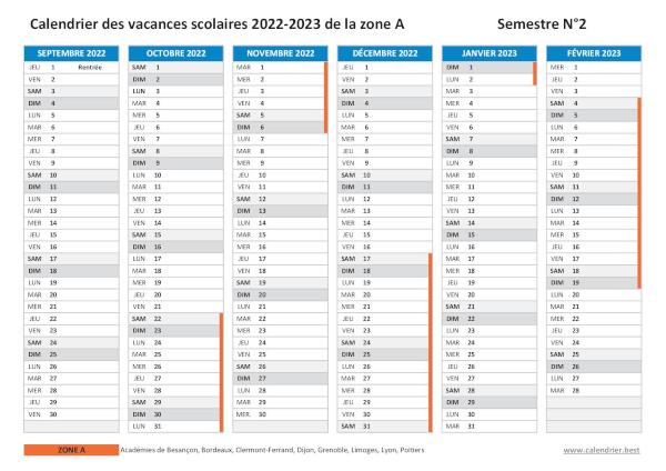 Calendrier scolaire 2022-2023 de la zone A à imprimer - Semestre N°1