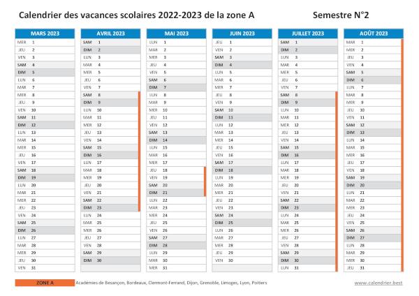 Calendrier scolaire 2022-2023 de la zone A à imprimer - Semestre N°2