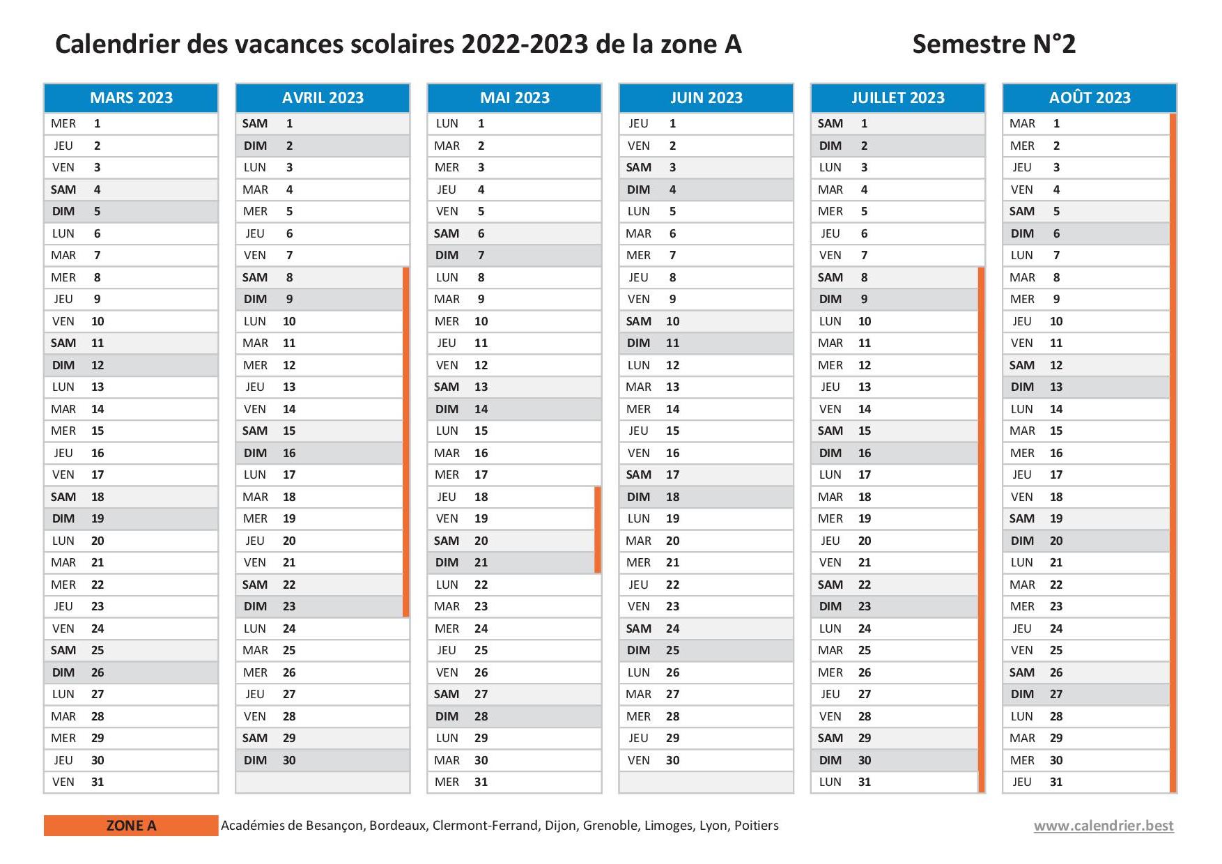 Calendrier scolaire 2022-2023 de la zone A - Semestre 2