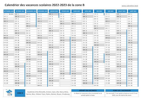 Vacances scolaires 2022-2023 zone B 