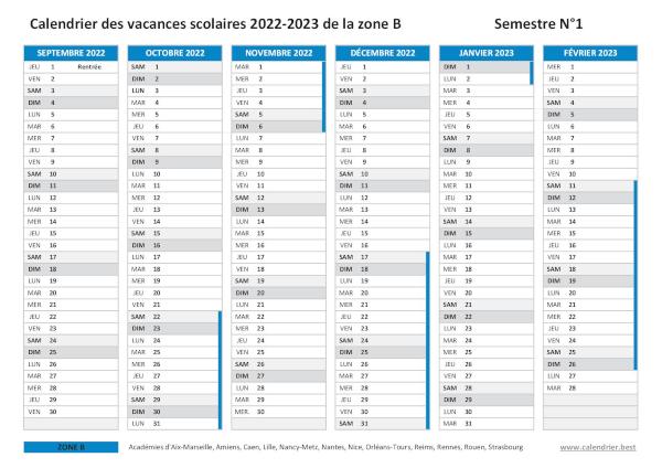 Calendrier scolaire 2022-2023 de la zone B - Semestre 1