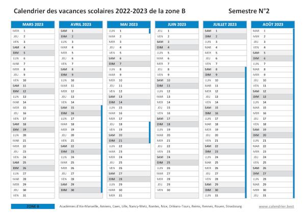 Calendrier scolaire 2022-2023 de la zone B à imprimer - Semestre N°2