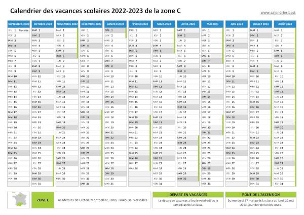 Calendrier scolaire 2022-2023 de la zone C à imprimer