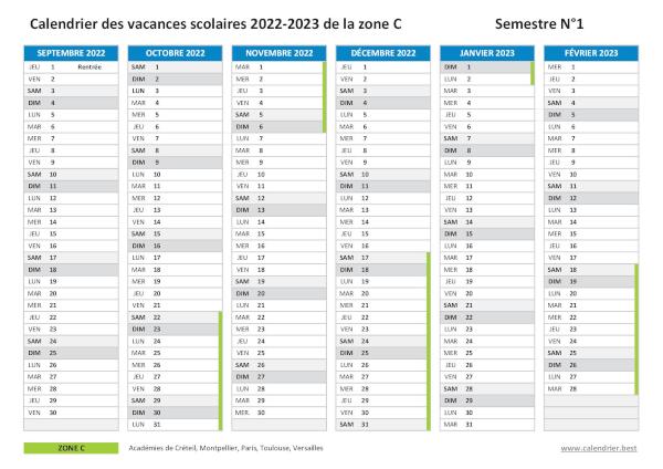 Calendrier scolaire 2022-2023 de la zone C à imprimer - Semestre N°1