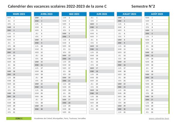 Calendrier scolaire 2022-2023 de la zone C à imprimer - Semestre N°2