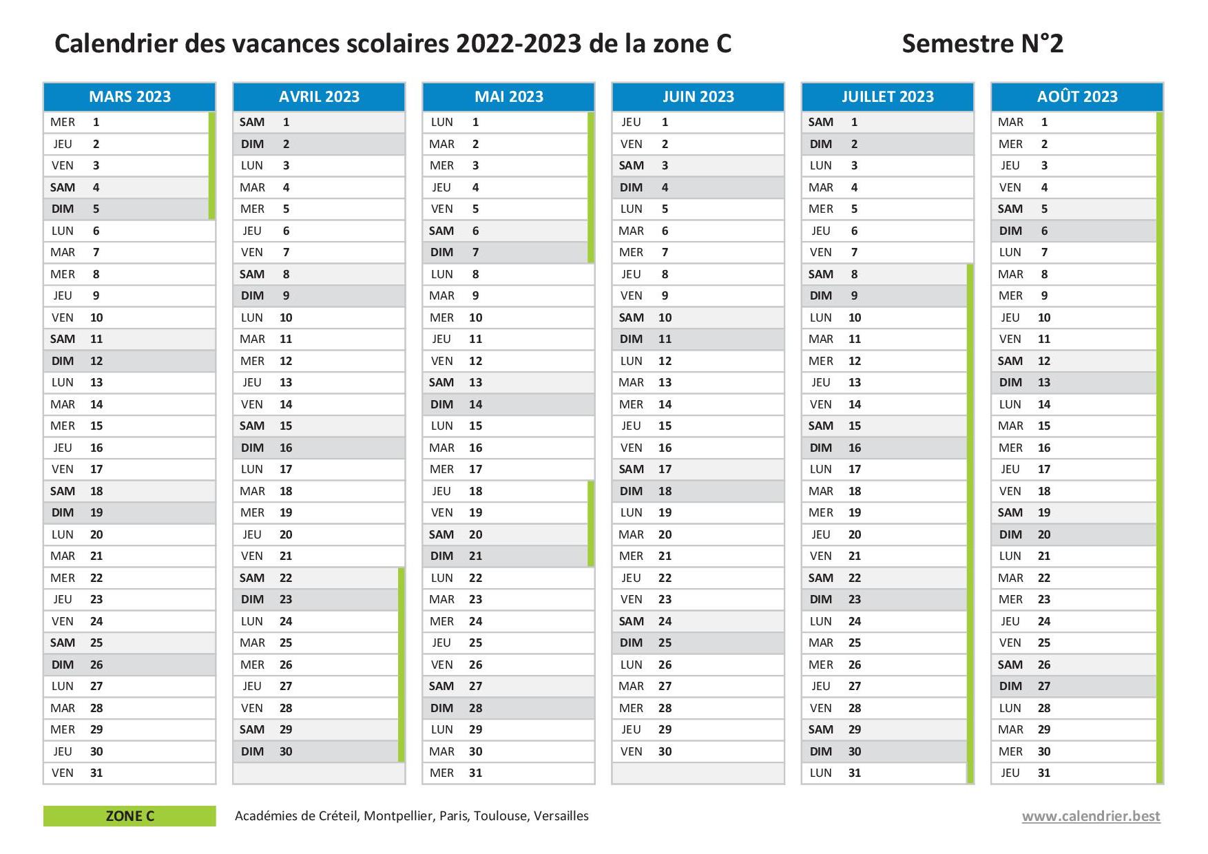 Calendrier scolaire 2022-2023 de la zone C - Semestre 2