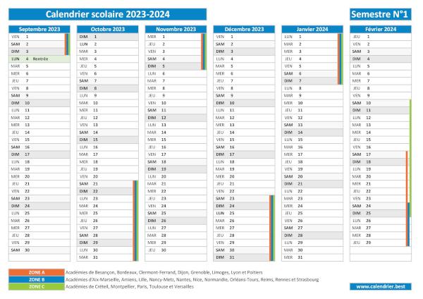 Calendrier scolaire 2023-2024 à imprimer - Semestre N°1