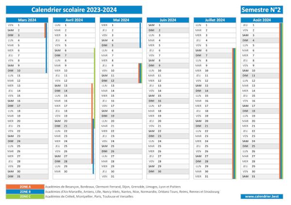 Calendrier scolaire 2023-2024 à imprimer - Semestre N°2