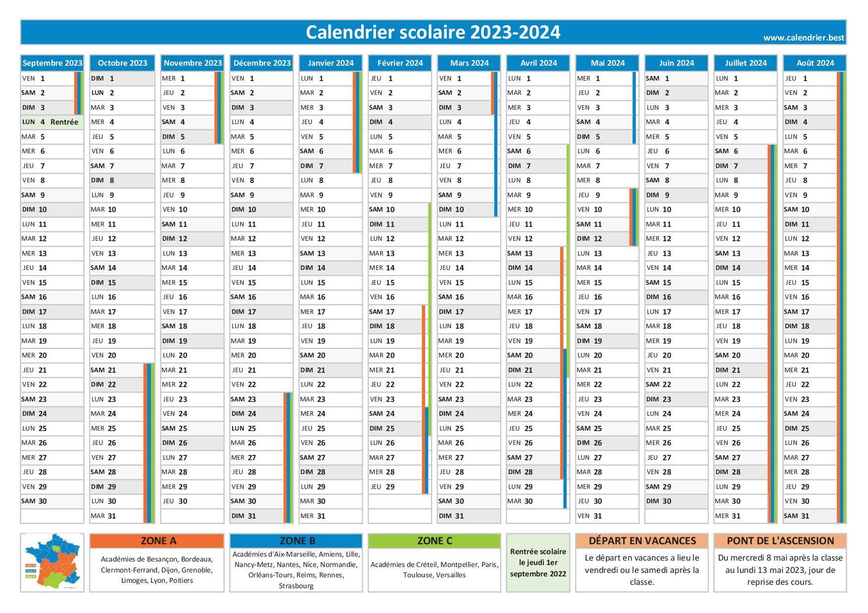 Calendrier scolaire planning 2023/2024 effaçable